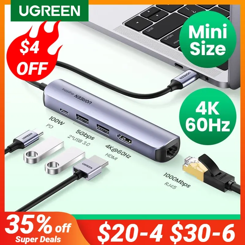 ハブUGREEN USB C HUB 4K 60Hz USBタイプC 3.1からHDMI RJ45 PD 100W USB 3.0 OTGアダプターUSB Cドック