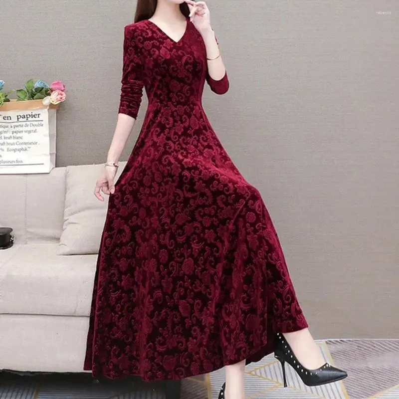 Casual Dresses Women Dress Ankle-Length Autumn Tight Tight Spring Pleated Loose Hem Solid Color Velvet Maxi Warm