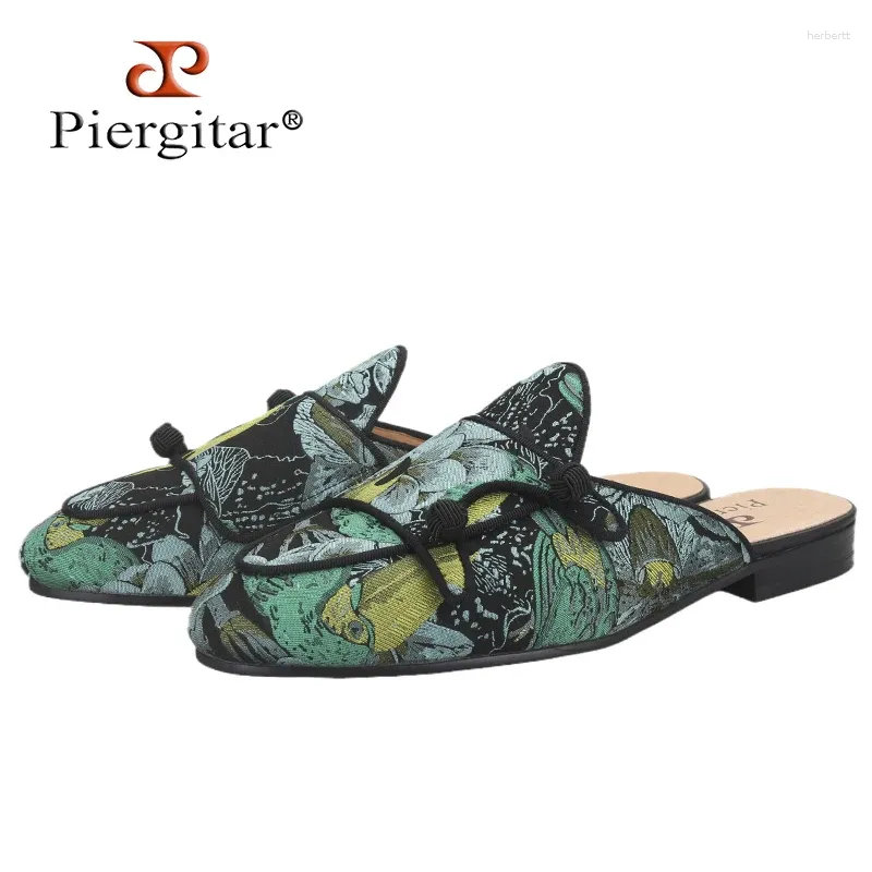 Slippers Piergitar Woods And Bird Patterns Silk Men's Mules Wear For Casual Or Party Chinese Style Black Balls Buttons Man Monk