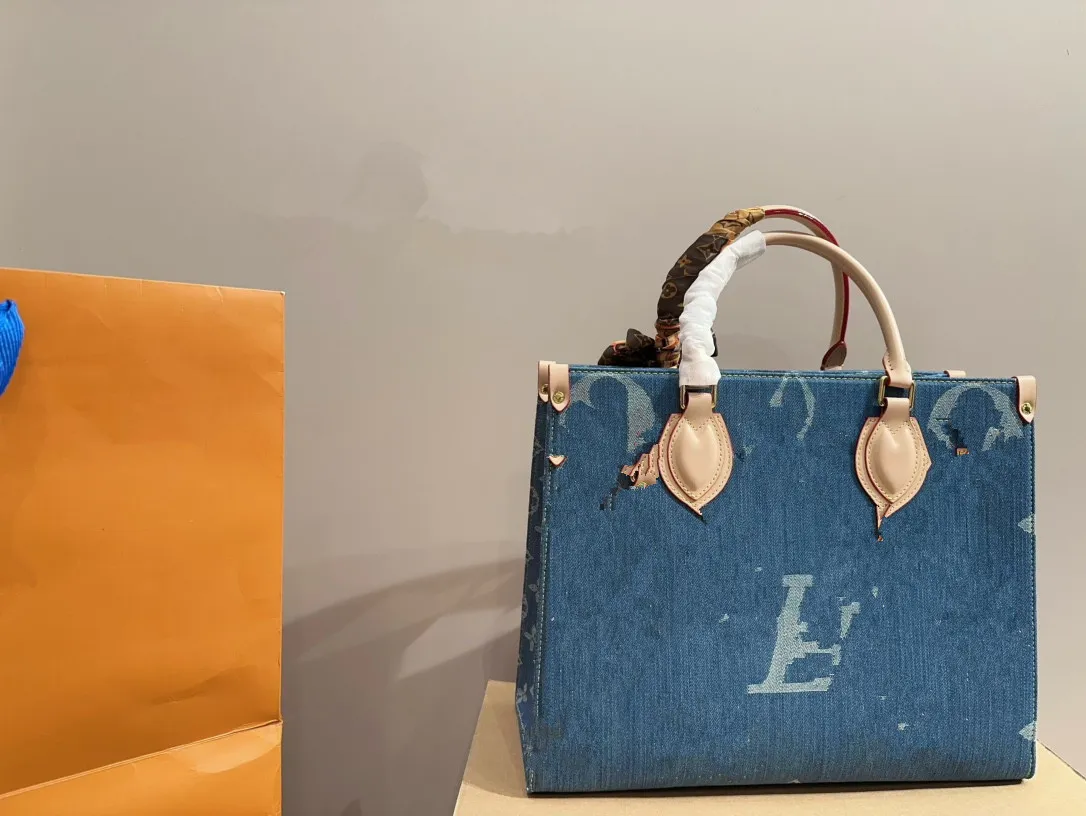Denim designer bag, anjou tote bag, designer handbag, purse compound large capacity women's shopping bag, blue letter handbag fashion 36*26cm