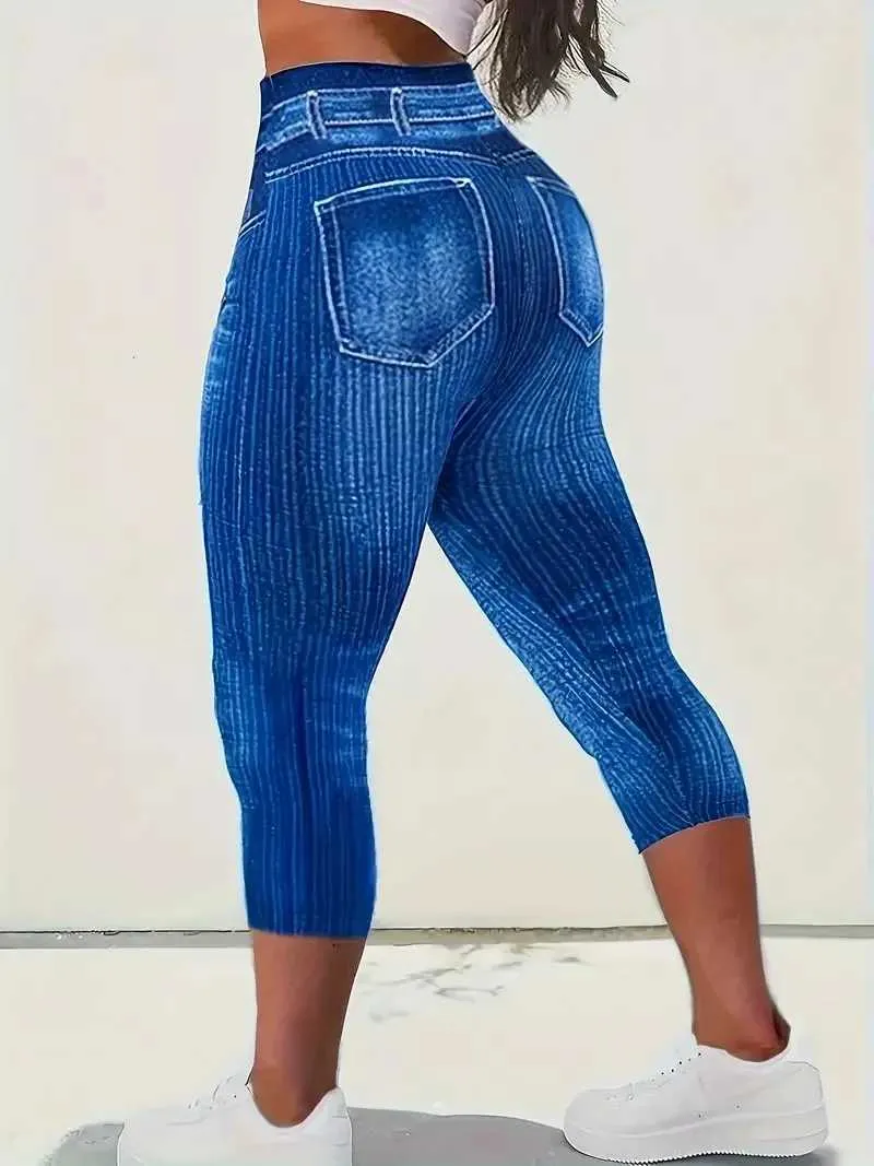 سراويل نسائية Capris Womens 1XL-5XL بالإضافة إلى حجم طماق Capri High Rise DeniM مع طمث راحة رياضية طفيفة وأنيقة y240422