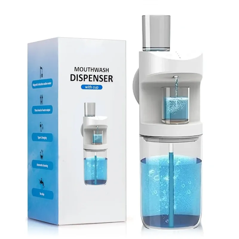 DISTRIBUTIONS 550 ml Dispensateur de bains automatique Dispens-dispensur de lavage de bouche monté 3 niveaux de distribution avec rangement de tasses magnétiques