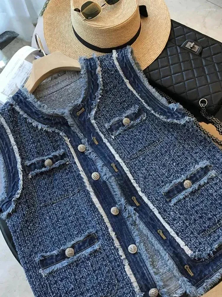 Gilet pour femmes Spring Automne Blue Blue Plaid Denim Gilet avec Tassel Elegant Fashion Femmes Single Breasted Flow Sous-manche sans manchette