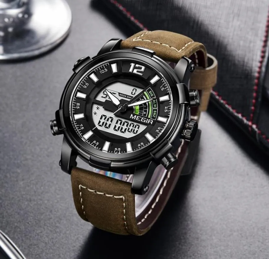 Двойные цифровые мужчины Смотреть Megir Sport Аналоговые часы Quartz Seerogio Masculino Reloj Hombre Army Военные наручные часы Hour2901026