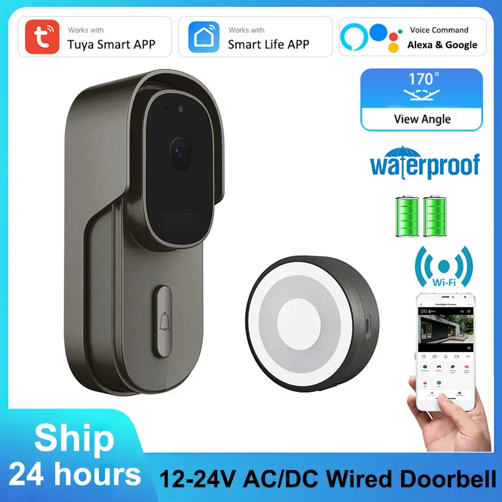 Control 1080p TUYA Smart Battery 1224V AC/DC Wired 170 ° Vista Angle FHD Cámara de puerta FHD Twoway Audio Alexa Google Wifi Video Doorbell