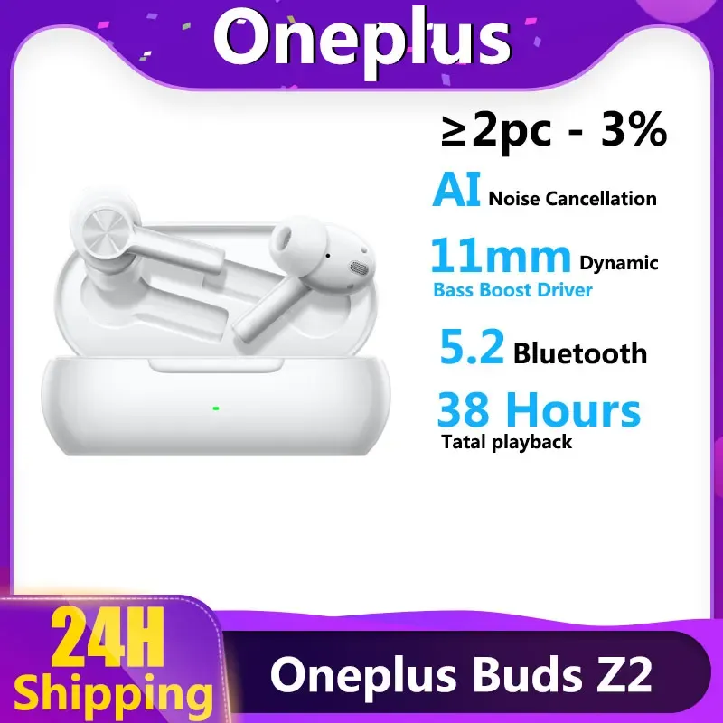 Fones de ouvido OnePlus Buds OnePlus Z2 ANC EARBUDOS 40DB DOLBY ATMOS TWS TURE sem fio Bluetooth fones de ouvido AAC SBC BT 5.2 fone de ouvido esportivo