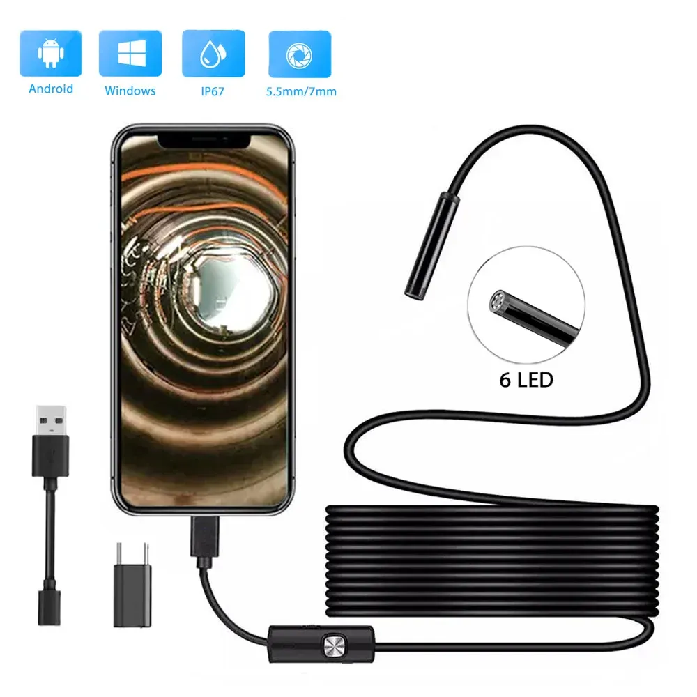 Kameror 3in1 Industrial Endoscope Camera IP67 Waterproof 5,5mm/7mm Borescope Endoscopy Camera 6LED justerbar för Android -telefon PC USBC