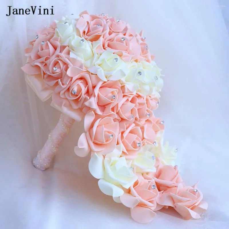 Hochzeitsblumen Janevini Weißwasserfall Braut Blumensträuße Kristall Künstliche Schaumrosen Caskading Bouquet Accessoires für Braut