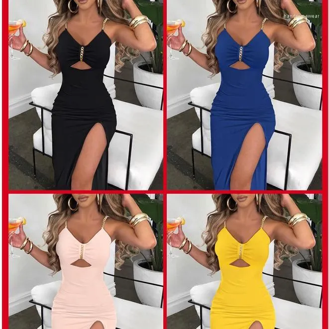 Casual Dresses Party Elegant Summer Fashion Eyele Brodery Chain Strap High Slitt Sexy BodyCon Long Dress Streetwear