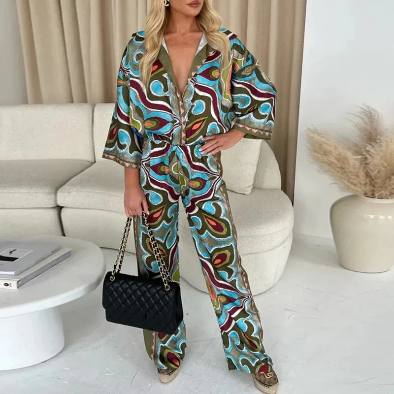 2024 Spring Match Imprimé en liberté Femmes Femmes décontractés Bohemian Holiday Sets Vintage Turndown Colhirt and Pants Suit 240411