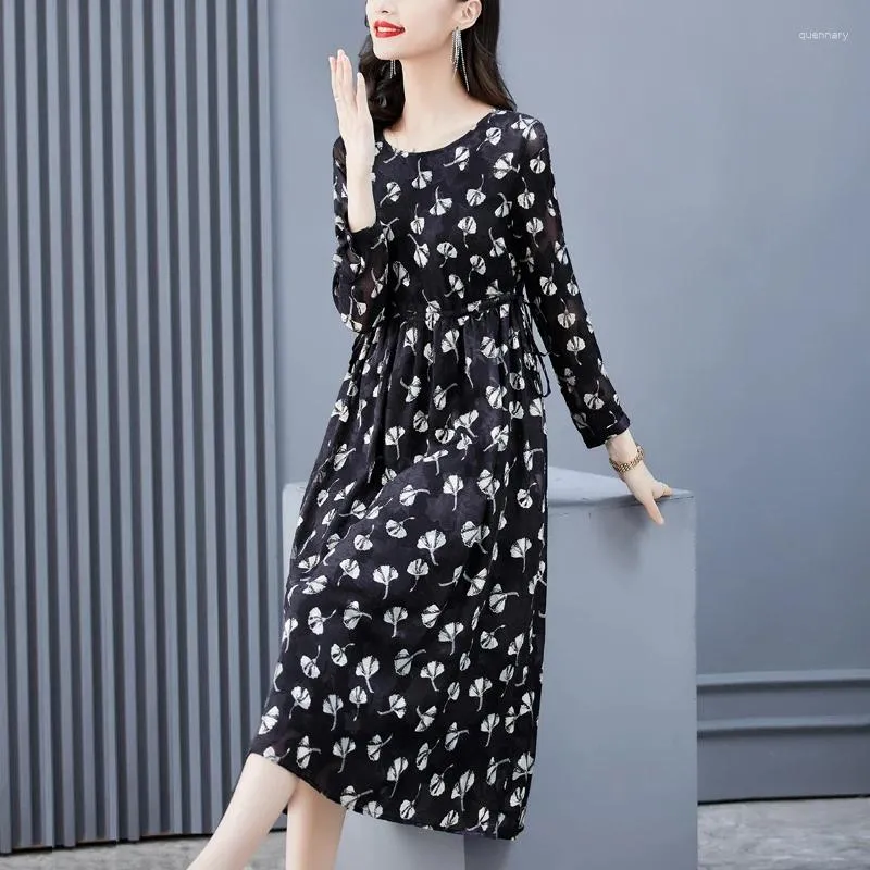 Casual Dresses 2024 Fashion Print Kne Length Dress Autumn Versatile Chiffon Floral French Elegant Loose Fit Party Vestidos