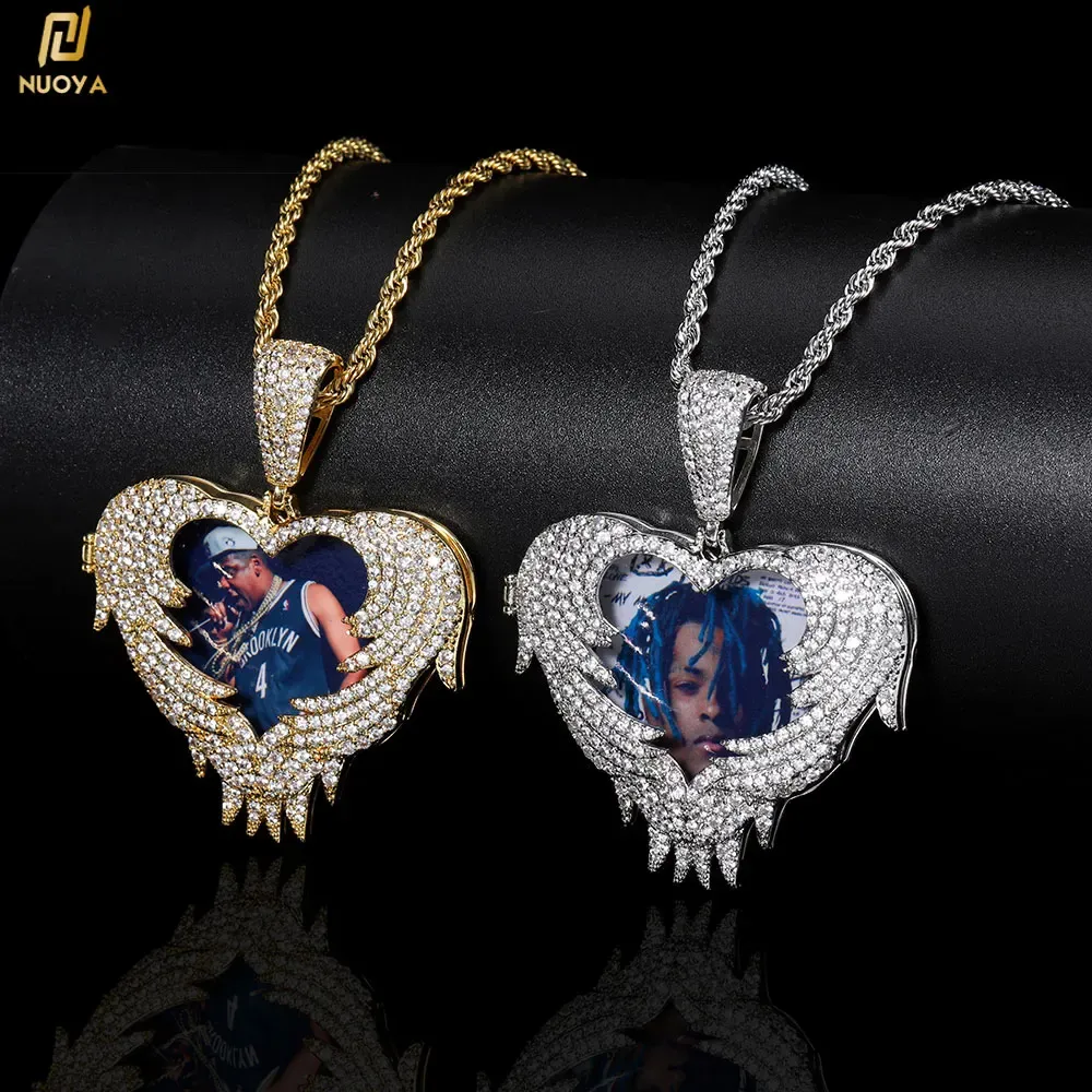 Colliers Hip Hop Memorial Bijoux Micro Inralissée Zircon Splip Flip Love Heart Collier Photo Pendard Collier