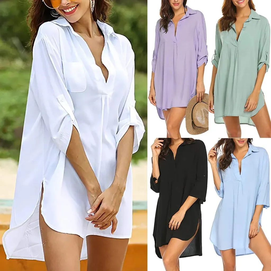 2024 Springsummer European и American Womens Deep Vneck Fashion Beach Sun Protection Рубашка купальника DRE 240416