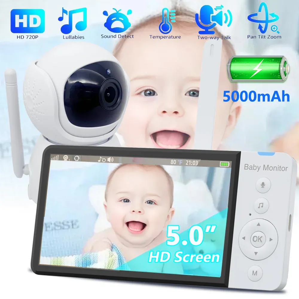 Monitors 5000 mAh Bateria Monitor Baby Monitor 5.0 -calowy 720p z patelnią z kamerą Pochylenie 2 -Way Audio Vox Night Vision Kamera dziecięca
