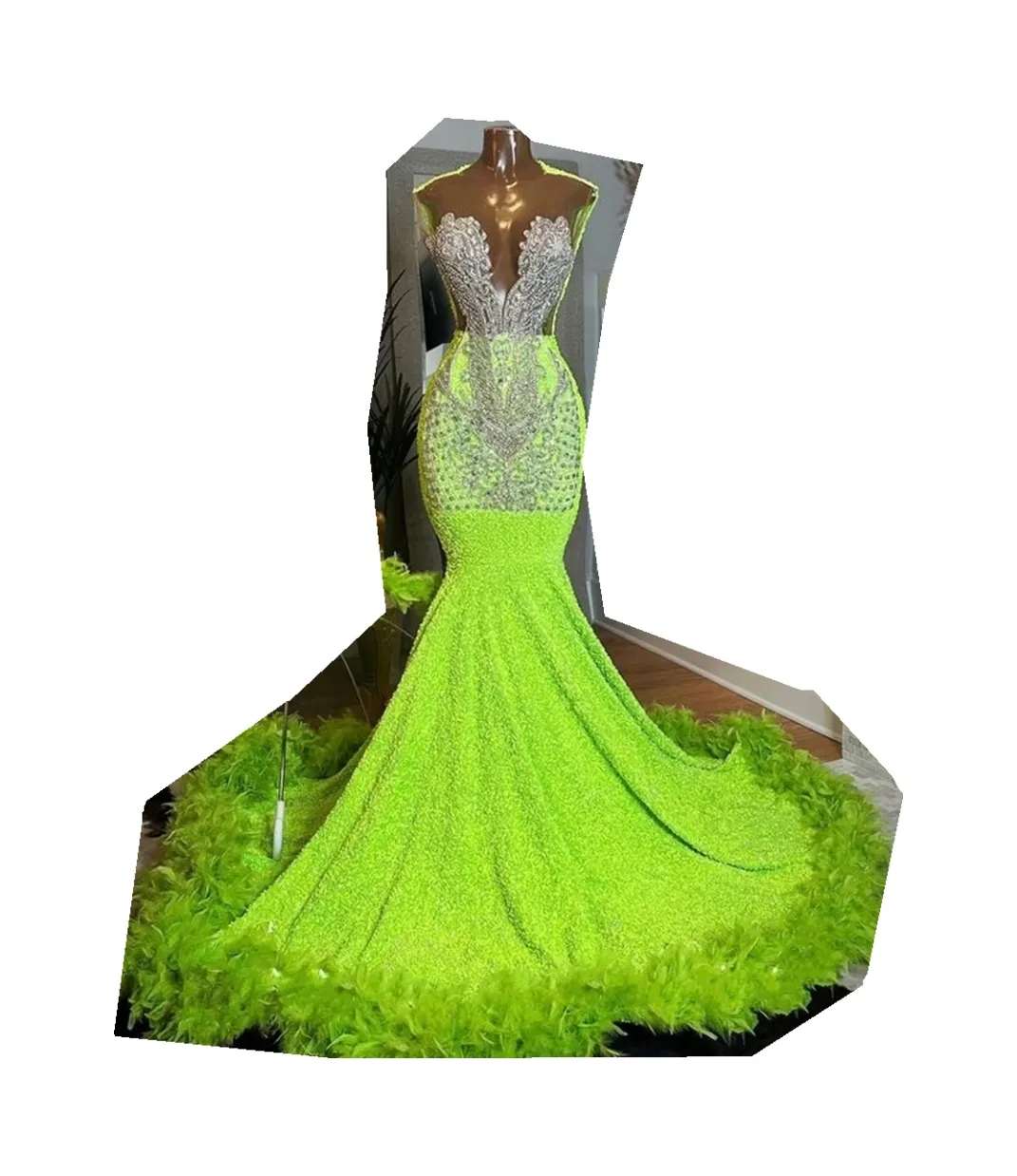 Lemon Green Feathers Train Crystal Mermaid Rhinestone Prom Dress with Sweep  Train and Jewel Neckline from Dhgate Prom Dresses - price 362.99
