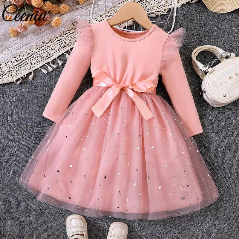 Meisjesjurken Ceeniu Girls Party Pink Pink Sleeve Birthday Princess Dress For Stars Mesh Children's Clothing