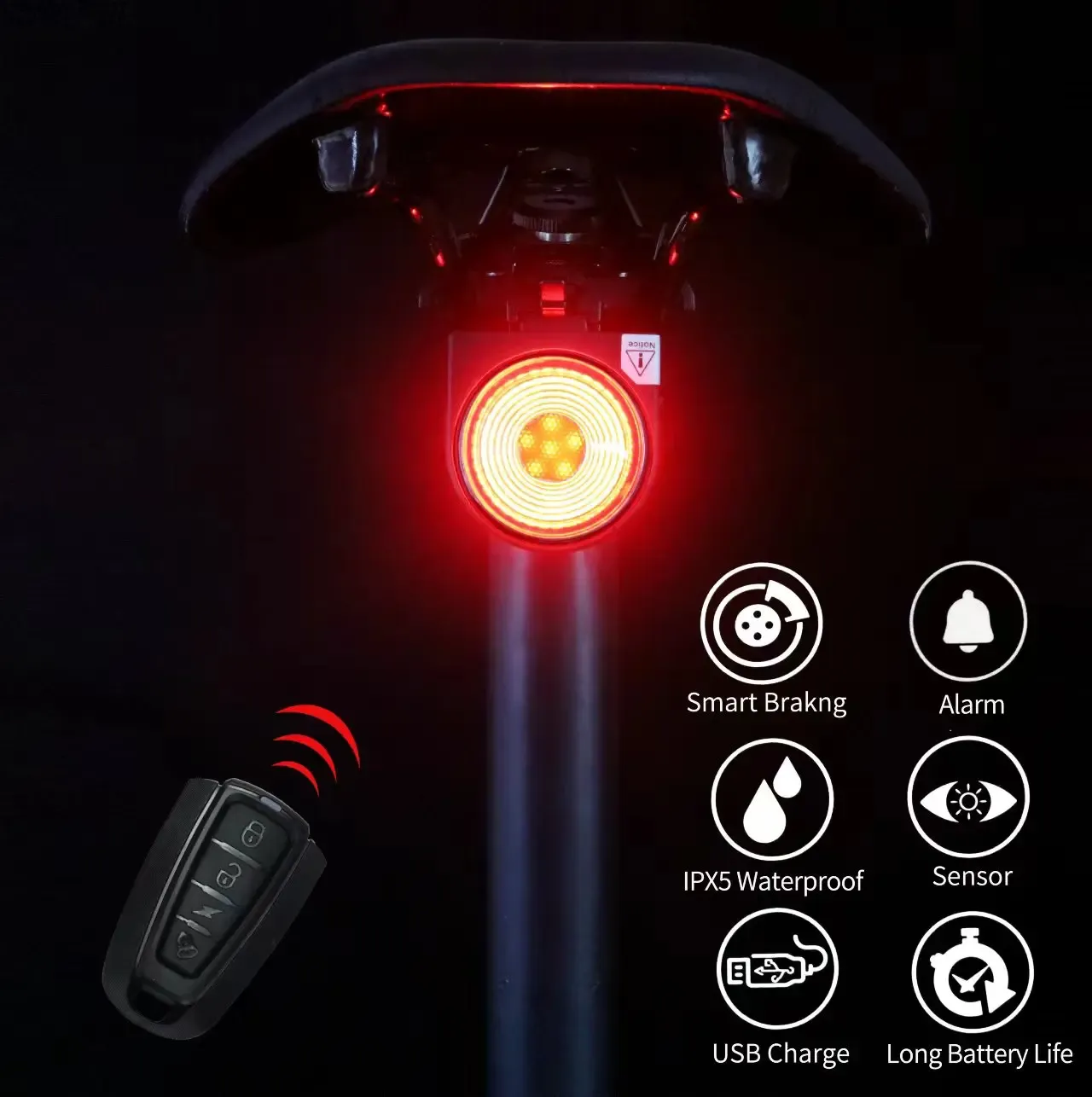 Luzes Antusi A8 Roubo sem fio Alarm Bike Remo LED LED