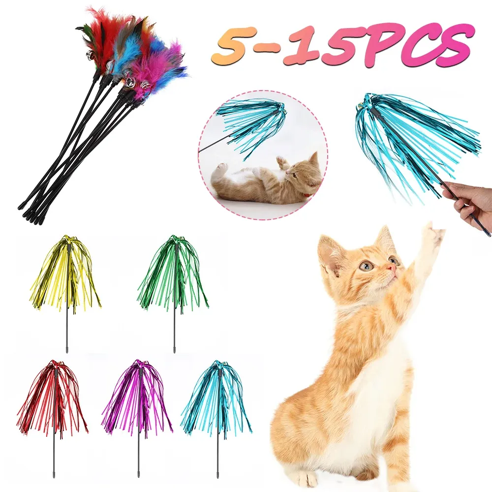 Toys 5pcs15st Cat Toys Feather Wand Kitten Cat Teaser Turkiet Feather Interactive Stick Toy Wire Chaser Wand Toy Random Color