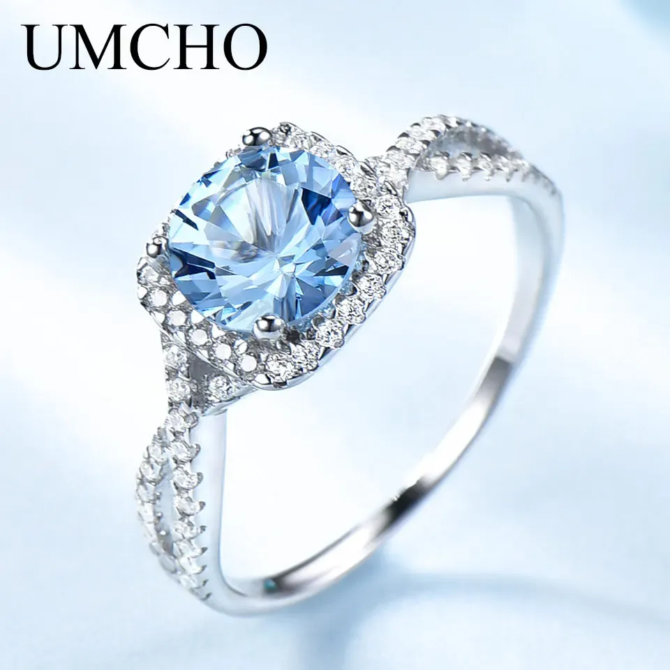 Rings UMCHO Romantic 925 Sterling Silver Rings Wedding Aquamarine Wedding Rings For Women Engagement Valentine's Gift Fine Jewelry