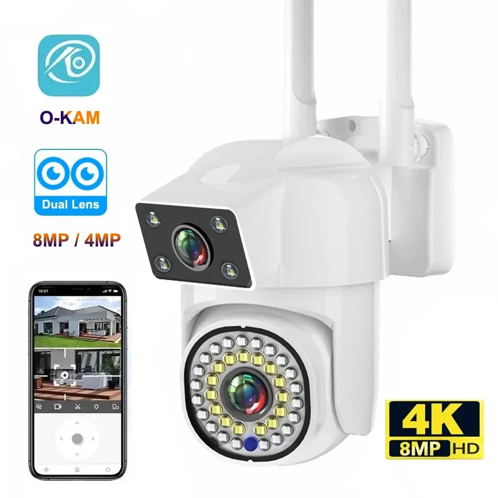 Lens 4K 8MP Okam 5G 2.4G Çift Lens PTZ Kamera Çift Ekranlar Renk Gece Görüşü İki Yolcu Sesli Otomatik İzleme Açık Güvenlik Kamerası