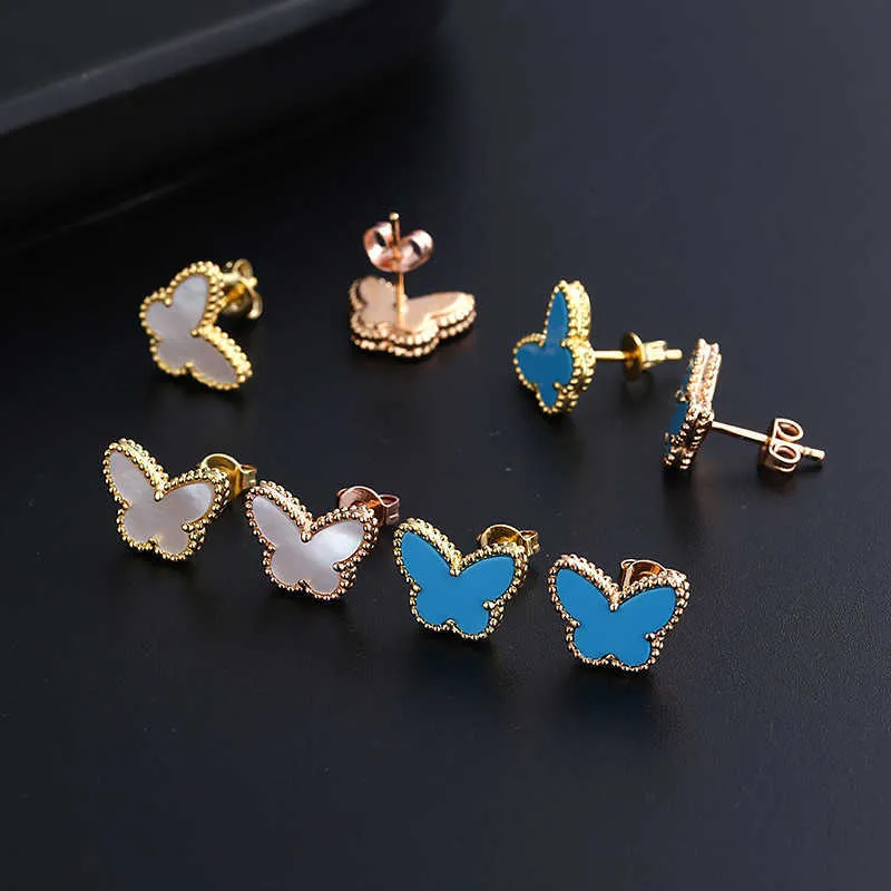 Designer charm Van Four Leaf Grass Jewelry Female White Fritillaria Butterfly Earrings Blue Turquoise Ke Wang Hong Ya Personality Treasure