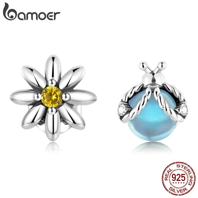 أقراط Bamoer 925 Sterling Silver Daisy Ladybug design design arocrings for women murano ear buds fine jewelry spring gift