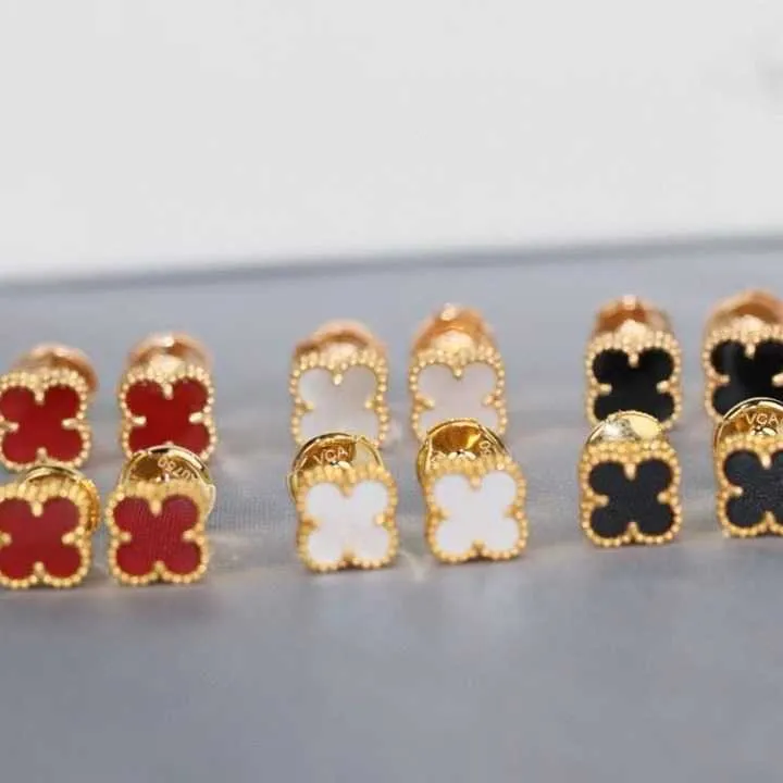 Designer Brand Fashion Gold High Edition Van Clover Mini Earrings Medium Red Agate Black Shell White Fritillaria Female Jewelry