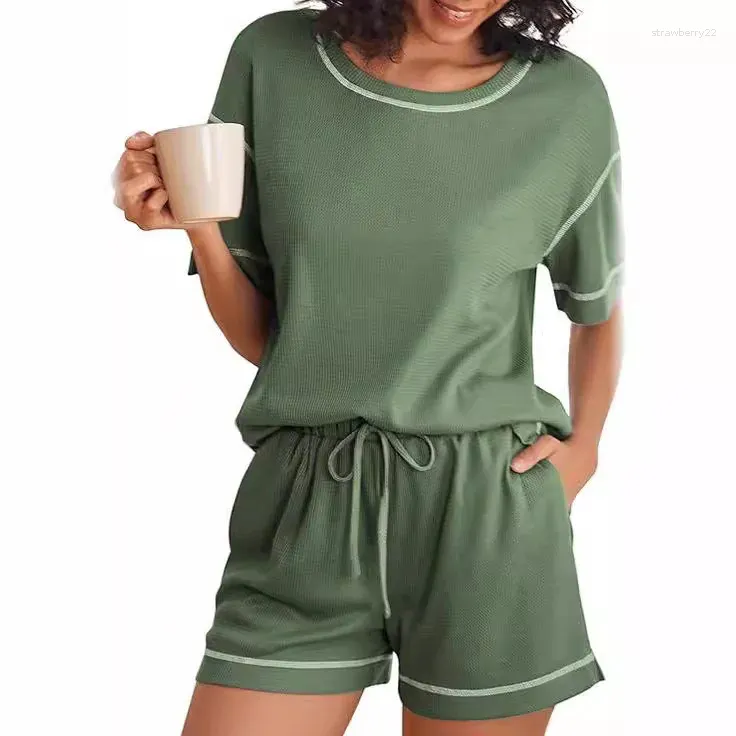Dames tweedelige broek Dames Pyjama Sets Wafle Knit Lounge Set Loungewear Matching Outfits met zakken