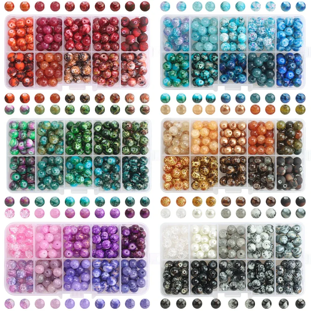 Armbänder 200pcs/Box 8mm Armbänder Stein farbenfrohe Perlen gemischtes Glas Riss Runde Perlen für Schmuck Make DIY Charms Armband Halskette