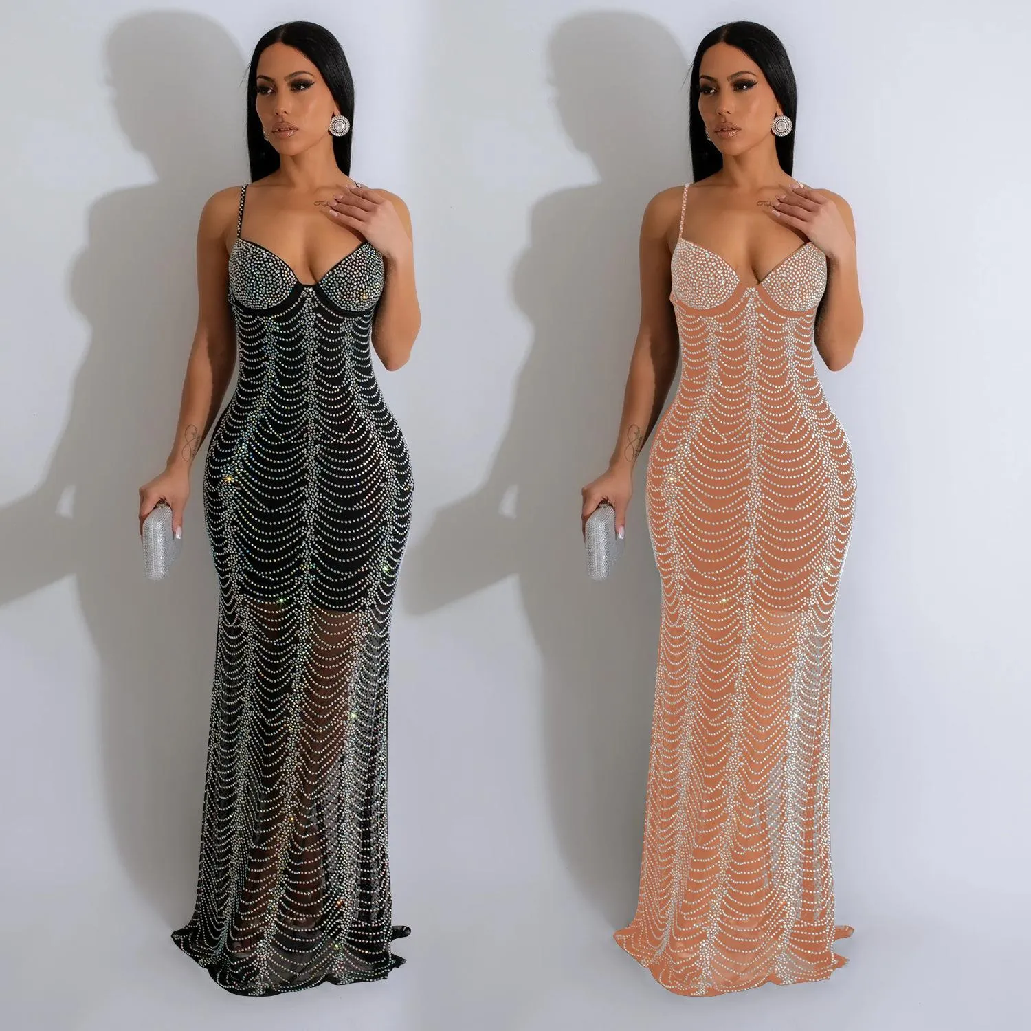 Through Fashion Womens Wear Pure Color Mesh Drilling Sling Maxi Dress