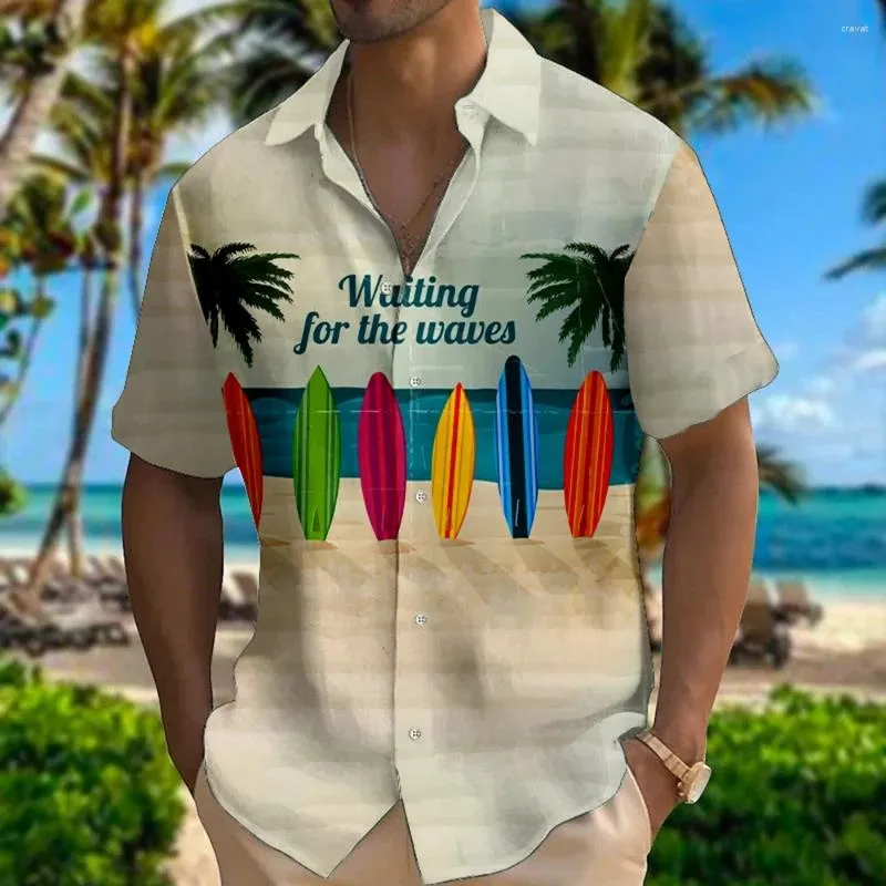 Camisas casuales para hombres 2024 Hawaiian Surfing Impresión Camisa de manga corta Botón Top con ropa de vacaciones