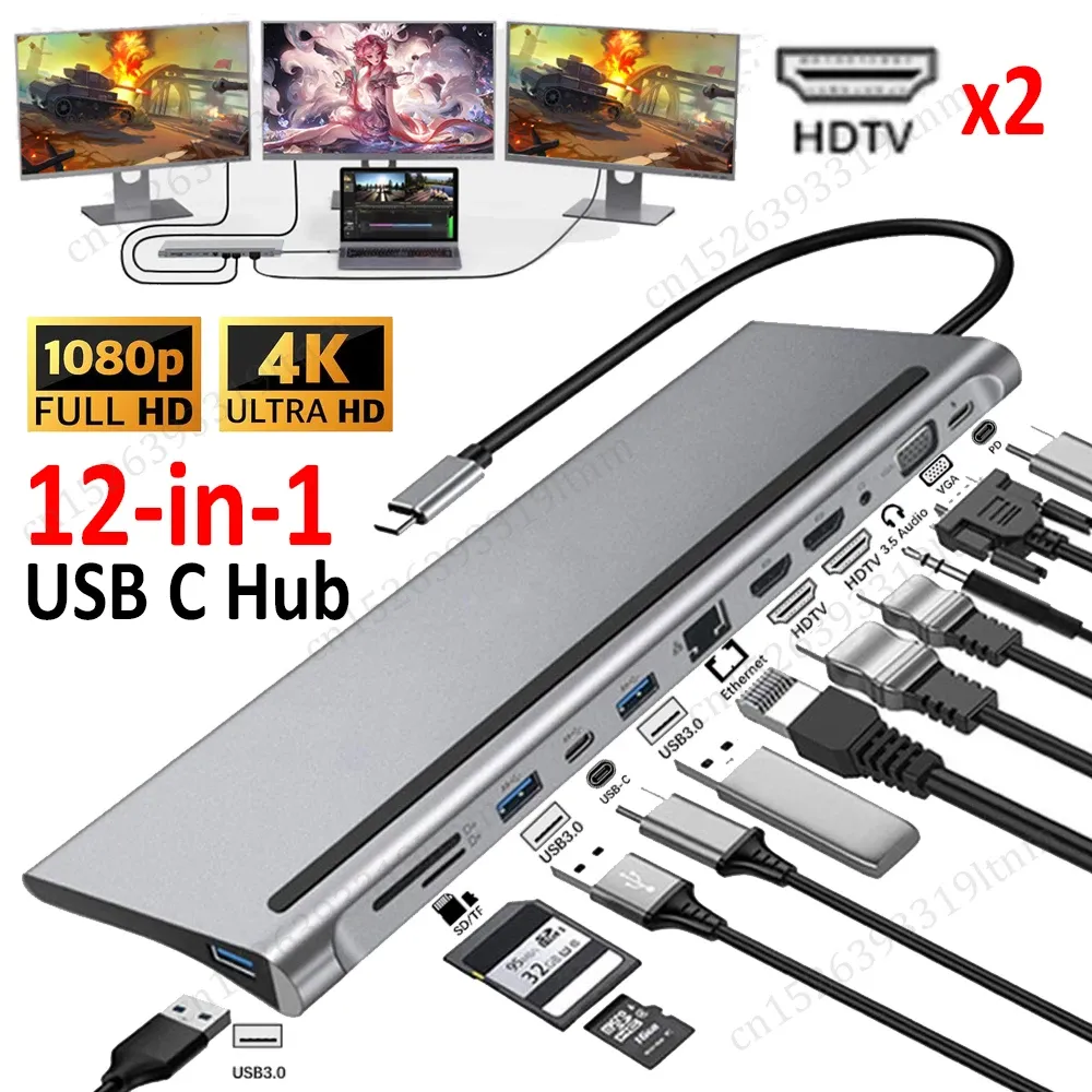 Hubs usb c hub 12in1 USB type C à double hdmicompatible 4k hd vga Ethernet porteur d'accueil pour le séparateur USB MacBook Pro Air