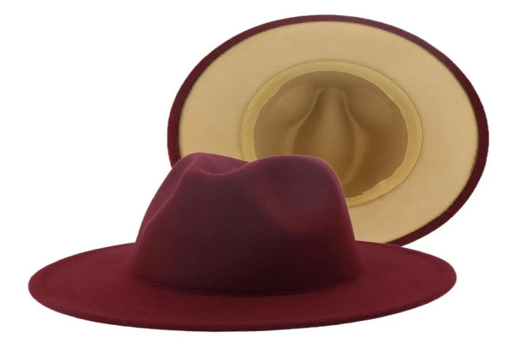 2020 Outer Burgundy Inner Tan Patchwork Wool Felt Jazz Fedora Hats Women Men Large Brim Panama Cap Casual Unisex Gambler Hat4850565
