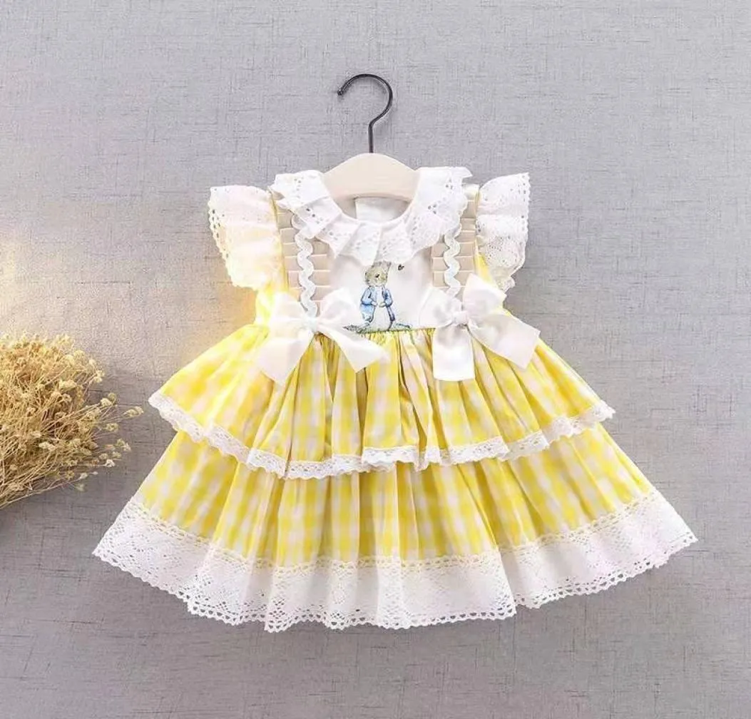 Summer Lolita Spanish Bow Semeless Princess Ball Gown Party Dress for Cute Girl Turkiet Yellow Grid Rabbit Dress for Bady Girl T27722567