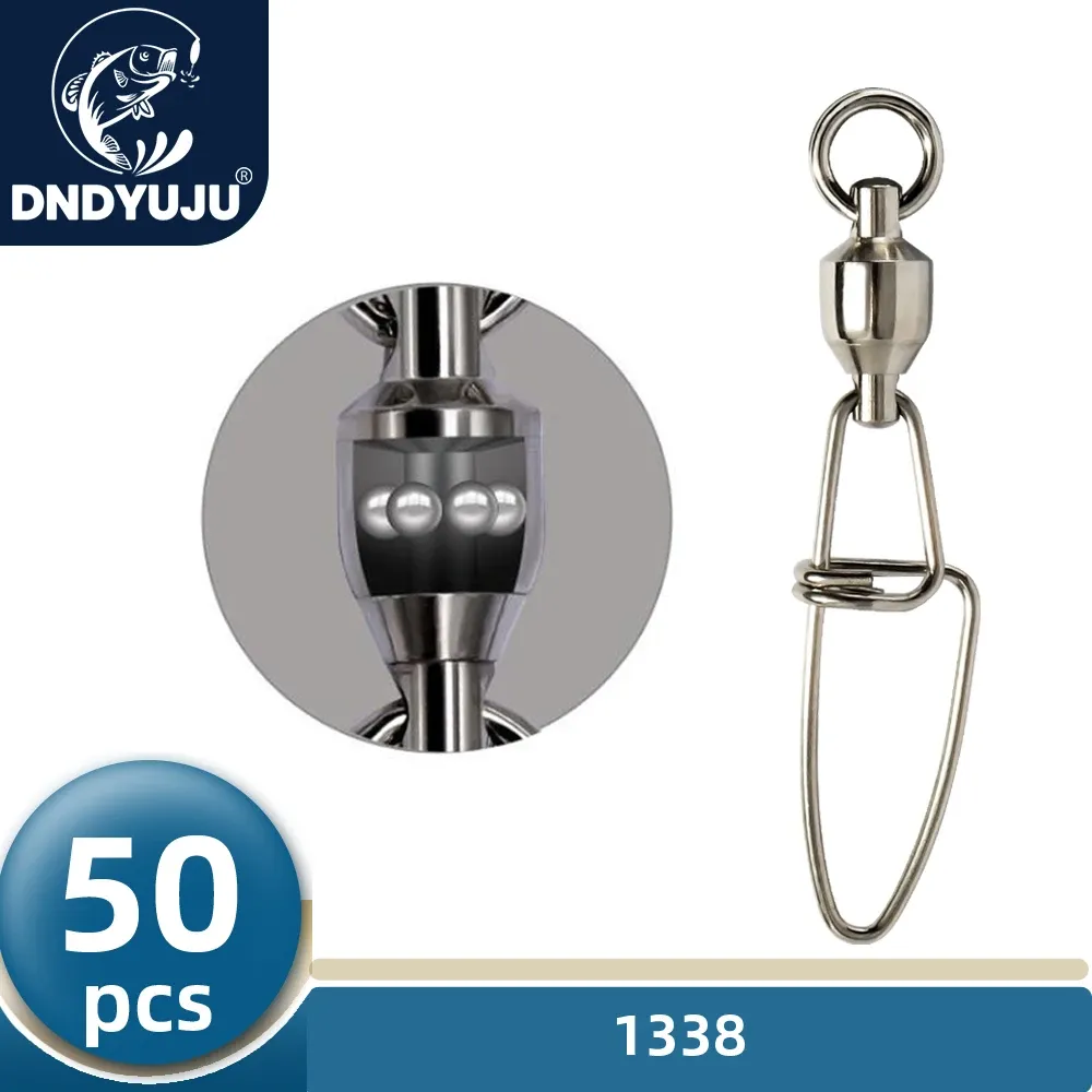 Acessórios DNDYUJU 50X Aço inoxidável rolamento de aço de pesca Swivels Rololamento de esfera giratório Rolamento do conector de pesca do mar Snaps Acessórios de pesca