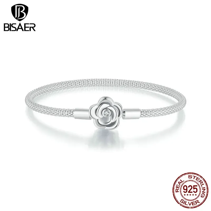 Strängar Bisaer 100% 925 Sterling Silver Rose Flower Basic Armband Tanks Chain Wide Link For Women Charms Pärlor DIY Fina smycken ECB266
