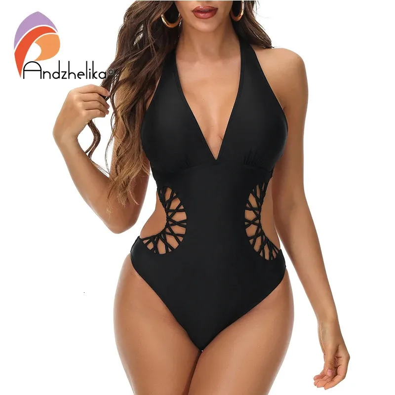 Andzhelika Black Swimsuitu Artimo Feminino Lado Sexy Halter Swimwear Monokini Feminino Menino Feminino Torno de Corte Nada de Nada 240411