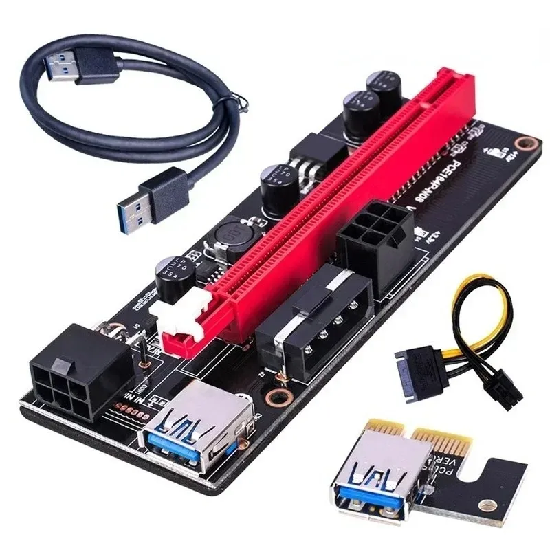 새로운 Ver009S PCI-E 라이저 카드 듀얼 6 핀 어댑터 카드 PCIE 1X ~ 16X Extender Card USB3.0 BTC 광부 광부 009S Express 용 데이터 케이블