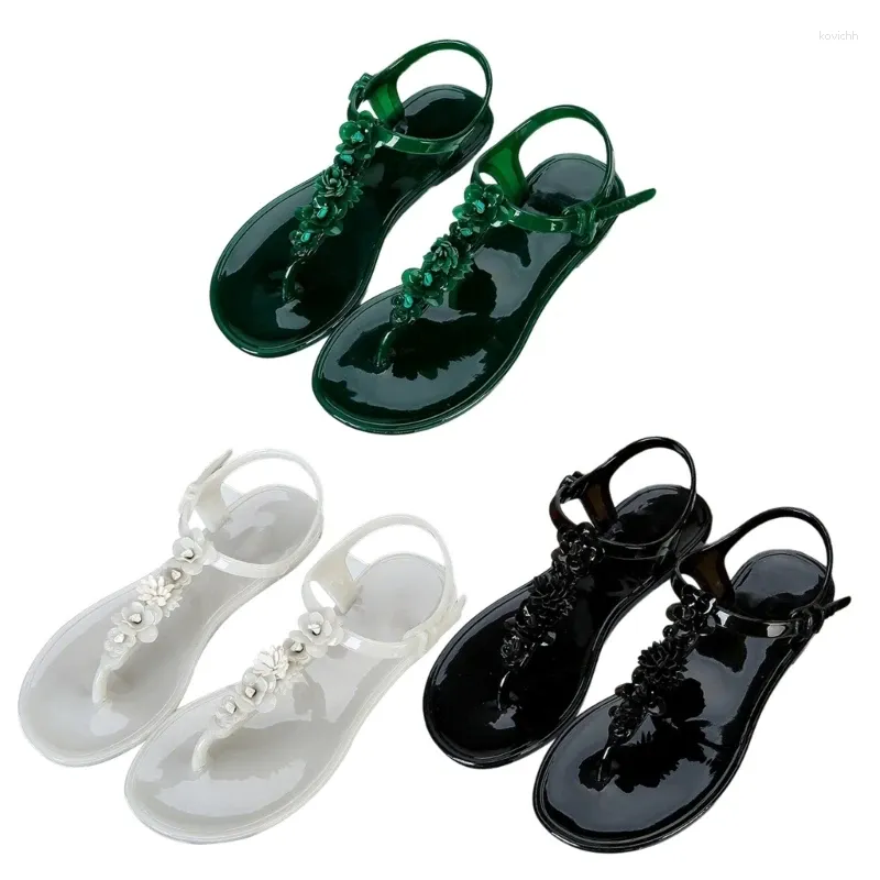 Sıradan ayakkabılar kadın jöle tanga sandalet bohem çiçek flopları pvc plastik düz