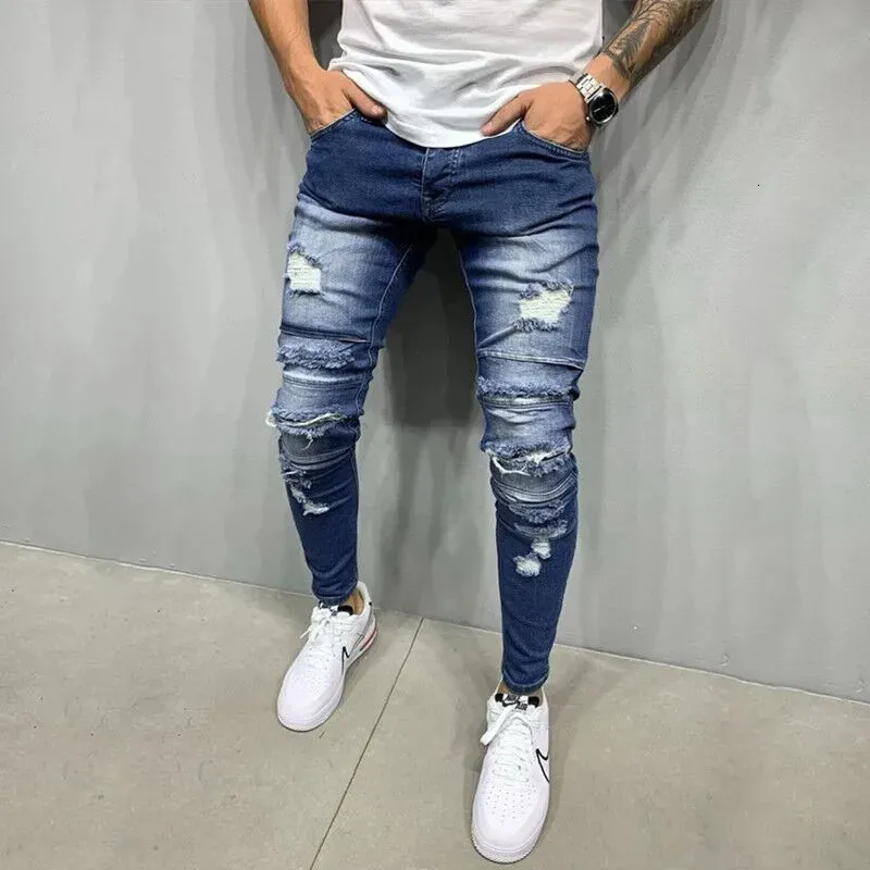 Men Hip Hop Splicing Holes Blue Biker Skinny Jeans Good Quality Male Street Style Cotton Stretch Denim Pants 240420