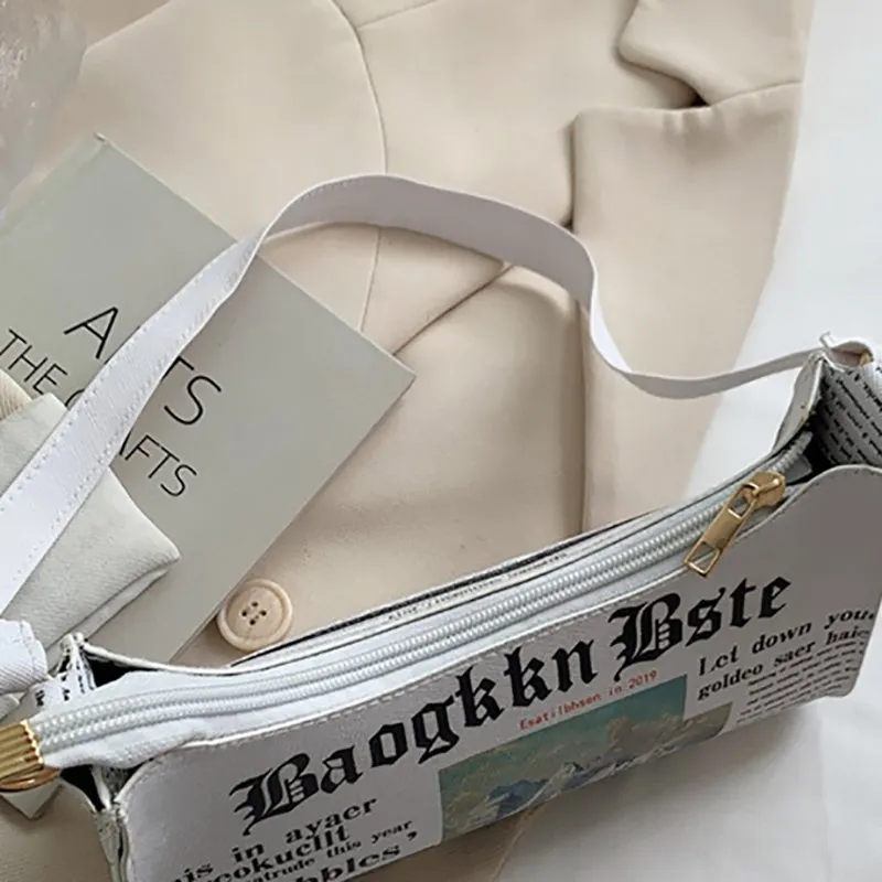 Womens Leather Shoulder Bag, Newspaper Printed Underarm