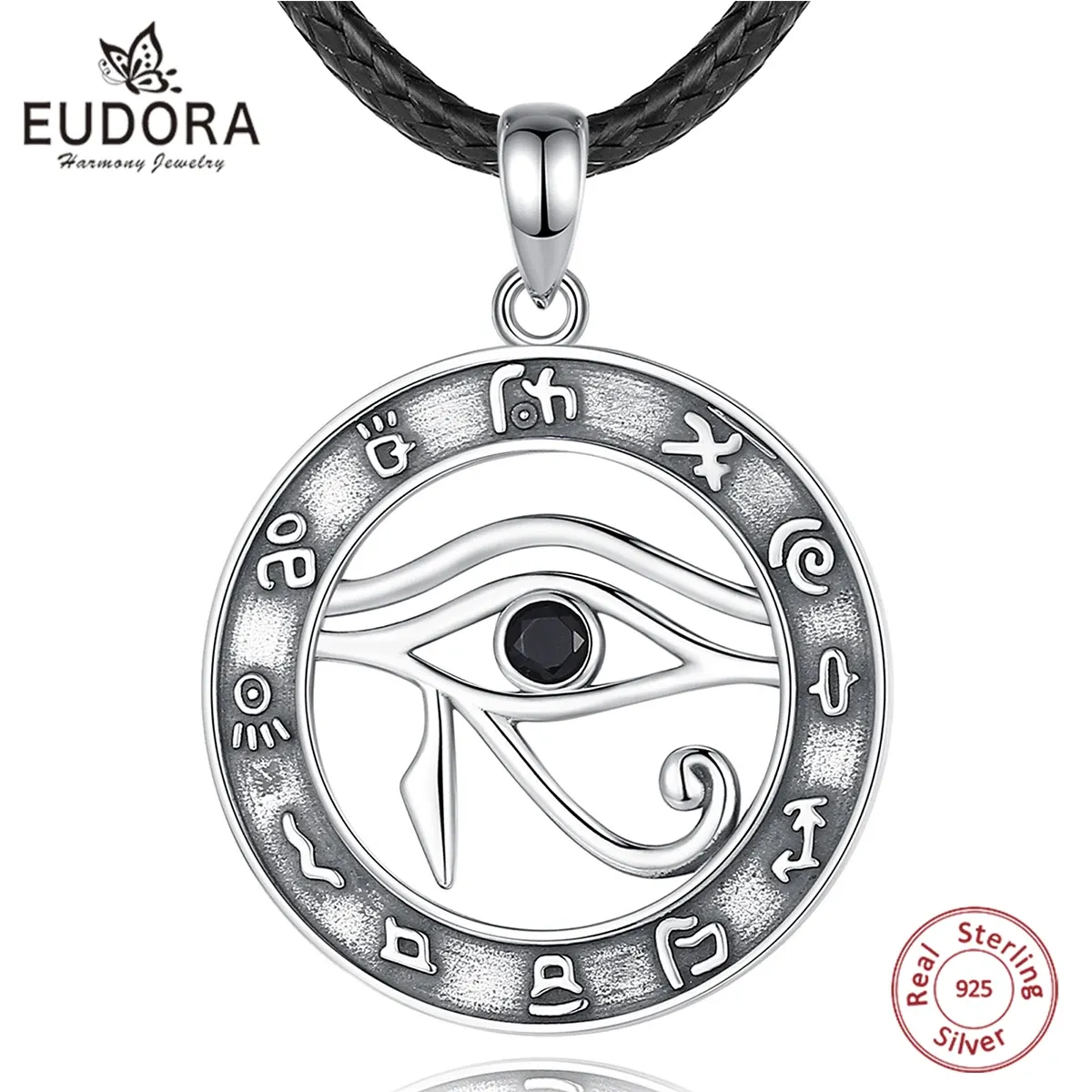 Colliers Eudora 925 argent sterling Egypt Eye of Horus Pendant Black Crystal Luck Runes Runes Collier Personnalité Bijoux pour Wome Man