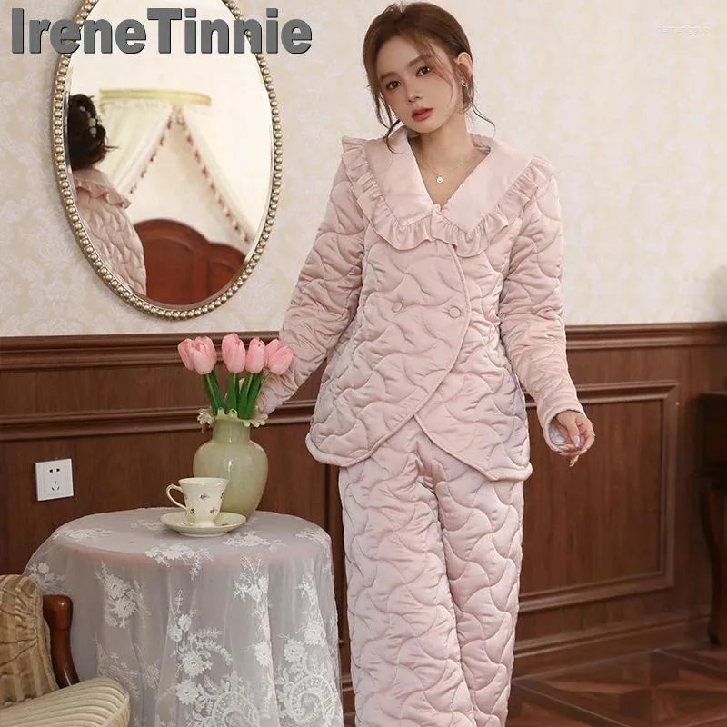 Frauen Nachtwäsche Irene Tinnie Vintage Loose Home Kleidung Set süß dicker Baumwolle warme lange Robe Frauen Winter unregelmäßig Textur Design