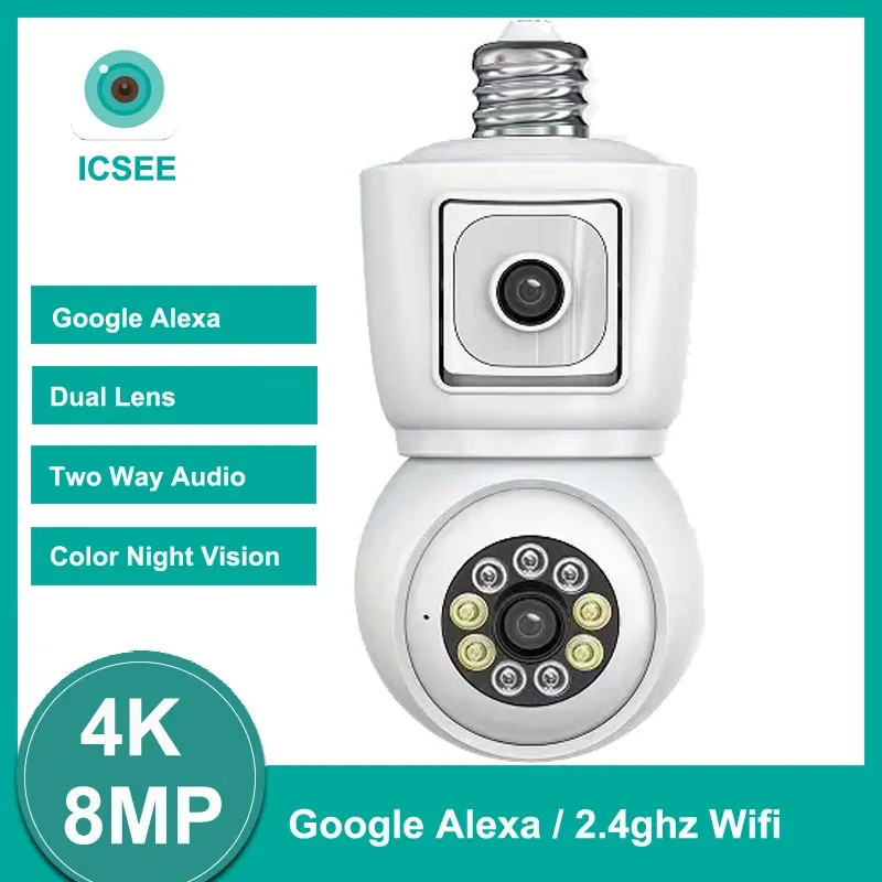 Kameror ICSEE 4K 8MP E27 BULB WiFi Camera Dual Lens Dual Screen Auto Tracking Tway Way Audio Color Night Vision 4MP Surveillance Camera