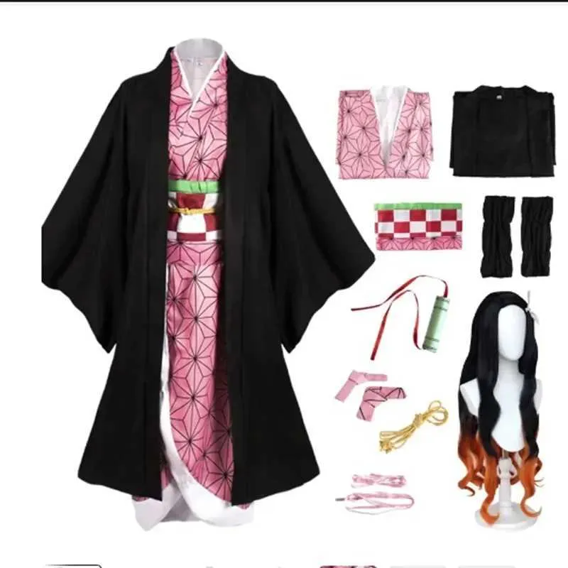 Anime Costumes Anime Nezuko Cosplay Kamado Nezuko Cosplay Come Nezuko Wig Uniform med rekvisita för vuxna barn Hallown Carnival kommer Y240422