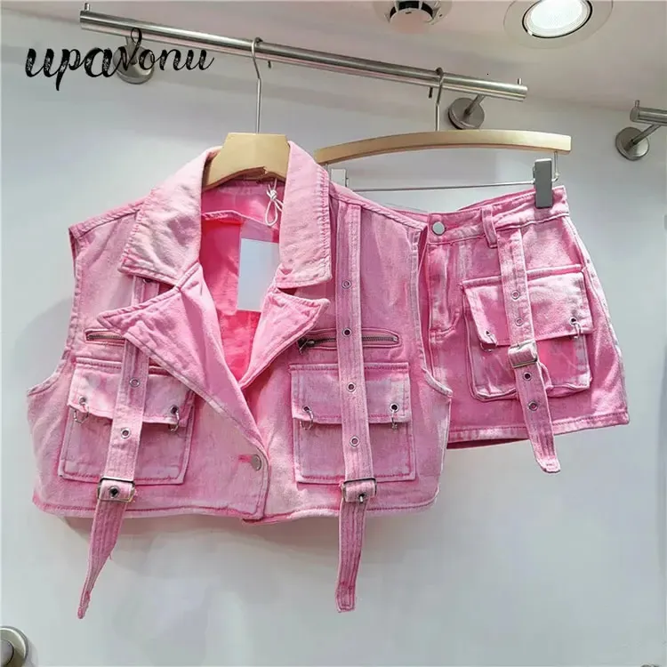 Summer Fashion retro rosa tascabile grande design da lavoro da lavoro in denim set senza maniche Gonna corta in vita Shortheigh Two Piece 240408