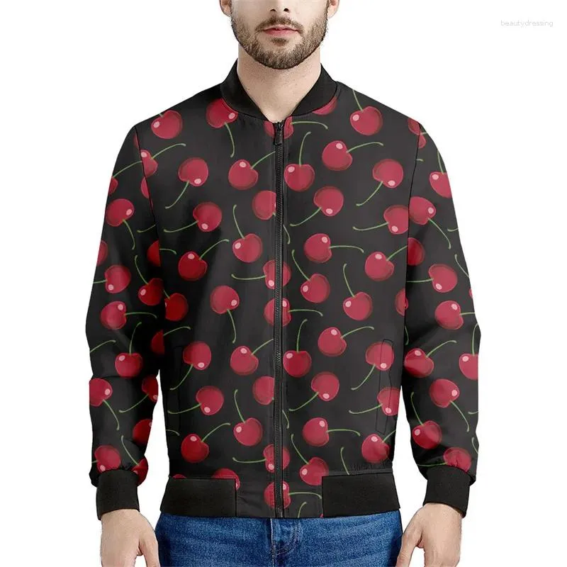 Jackets masculinos Cartoon Cherry Fruit Graphic Zipper Men Fashion 3D Sorto de moletom Tops Street Casual Casual Bomber Sleeve Casal