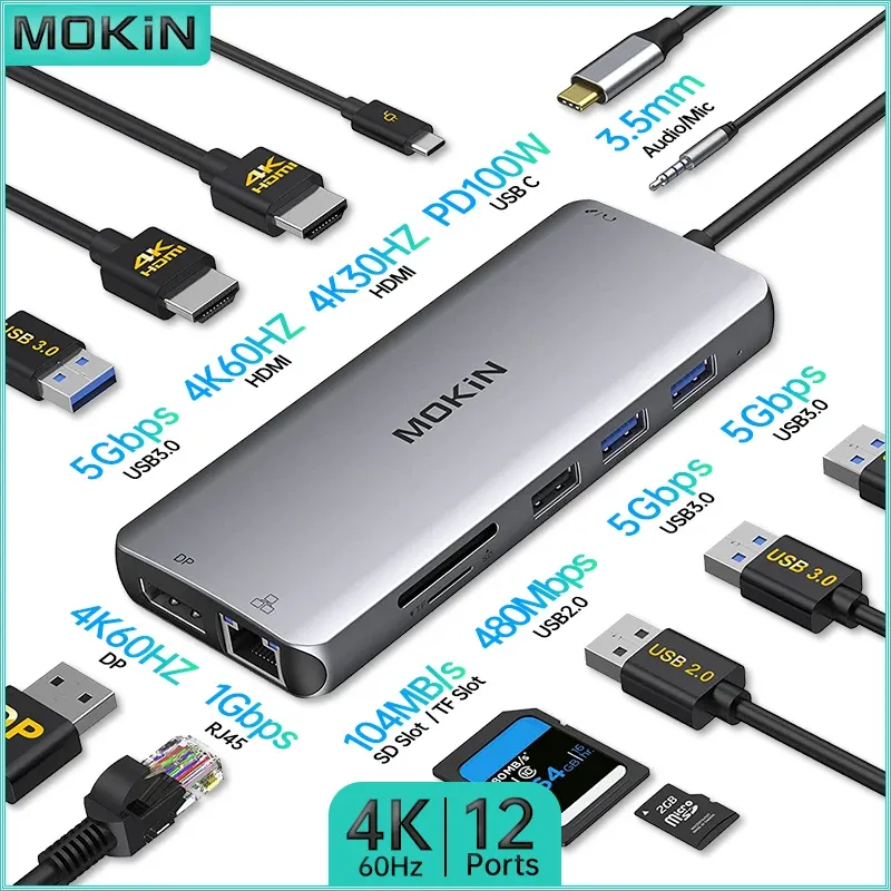 Stations MOKiN 12in1 Docking Station USB2.0, USB3.0, HDMI 4K30Hz, DP 4K60Hz, PD 100W, SD, TF, RJ45 1Gbps, Audio for MacBook Air/Pro