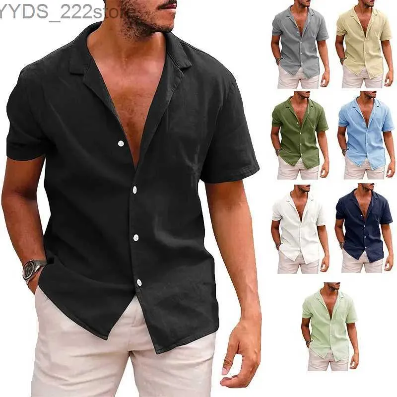 Camicie casual maschile da uomo camicia di lino in cotone con solido collare a maniche singola a maniche corte a maniche corta abbigliamento da uomo alla moda e casual da uomo YQ240422