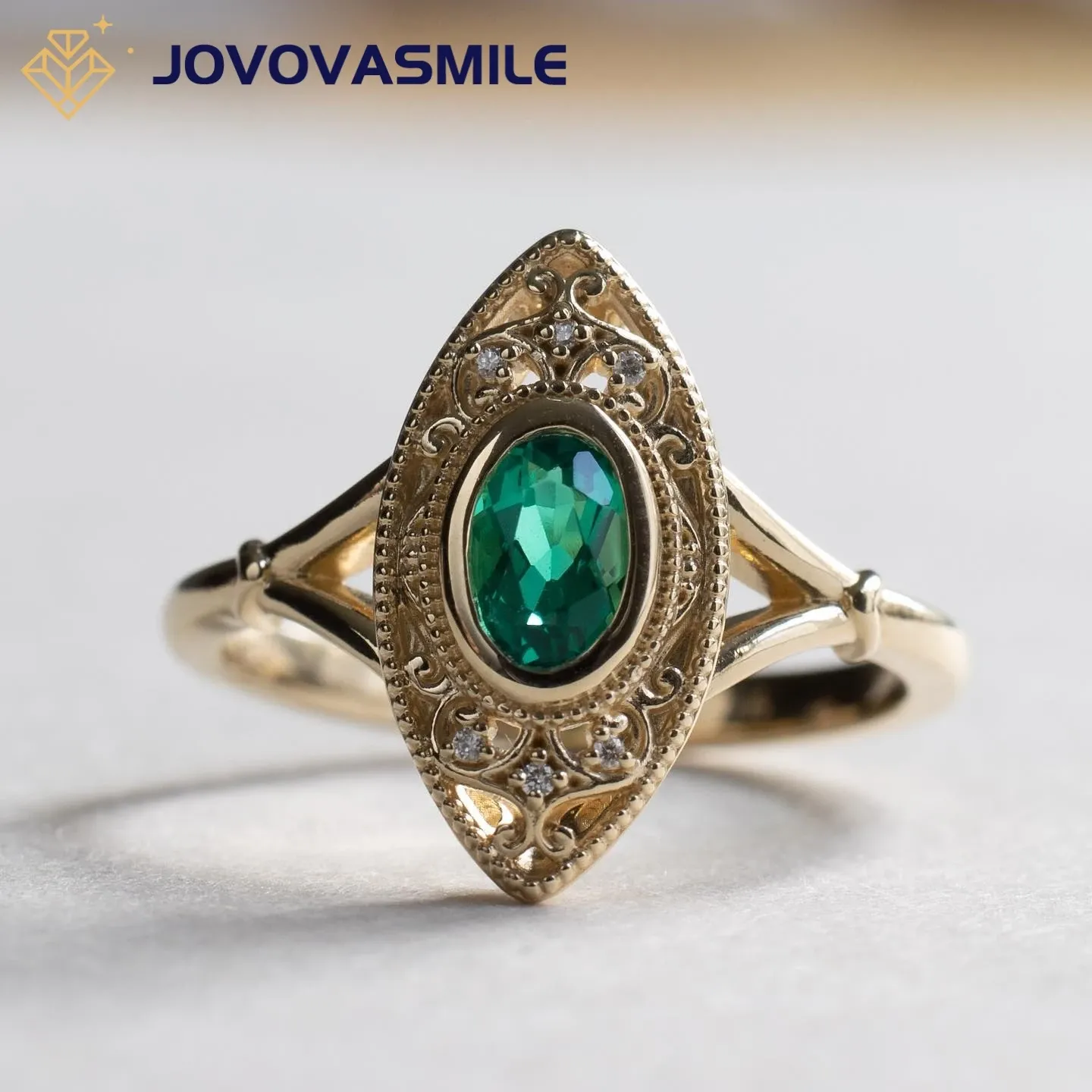 Кольца Jovovasmile Oval Lab Emerald Stone 4*6 мм рамка с мойассанитом, установленным на 14 -е желтом золотом полосе 1,7 мм для женских свадебных украшений